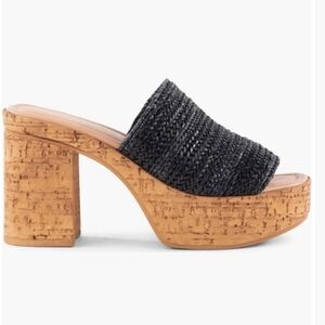 Seychelles Applause Slip-On Mule Sandal 4” Heel 1.75” Platform Black Woven Rafia